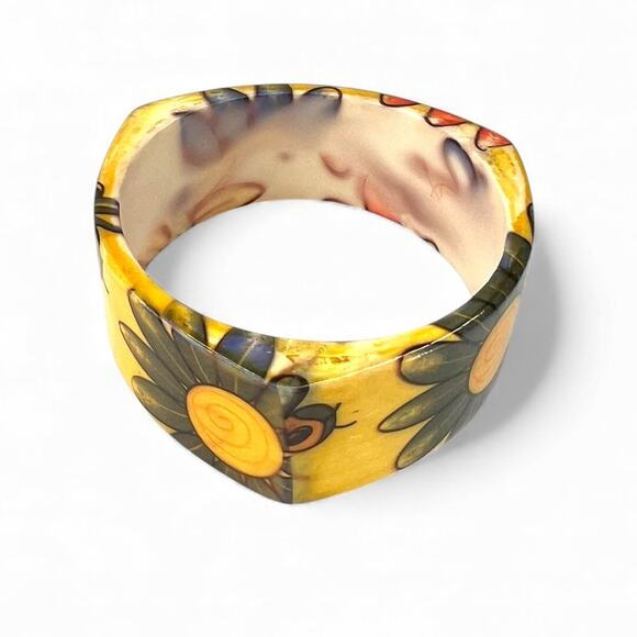 Vintage 70's Iris Sunflower Cold Enamel Bangle bracelet Cuff Daisy Bumblebee - Picture 3 of 7